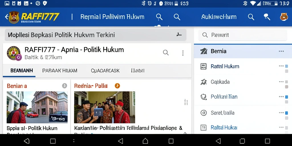 Tampilan antarmuka aplikasi RAFFI777 dengan berbagai fitur berita politik hukum.