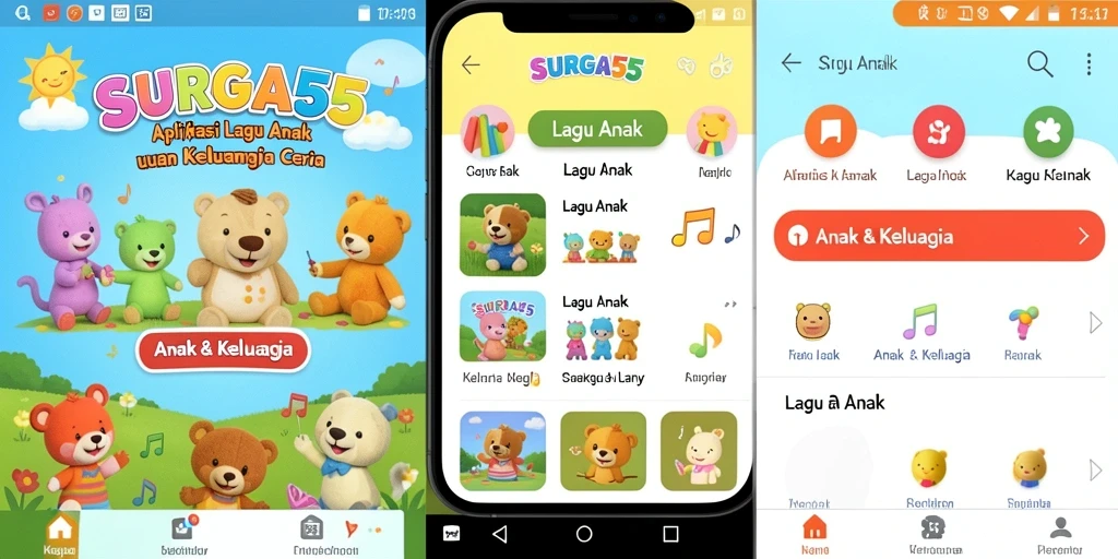 Screenshot antarmuka SURGA55 dengan lagu-lagu ceria untuk anak-anak.